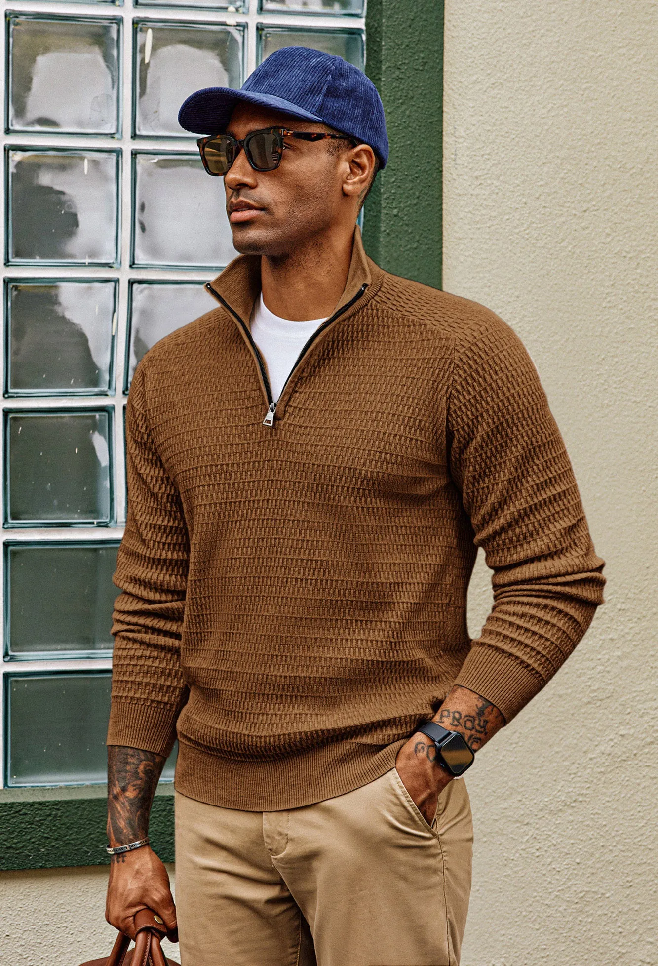 Men Textured Sweater Long Raglan Sleeve Stand Collar Ribbed Cuff Pullover