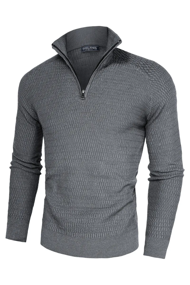 Men Textured Sweater Long Raglan Sleeve Stand Collar Ribbed Cuff Pullover