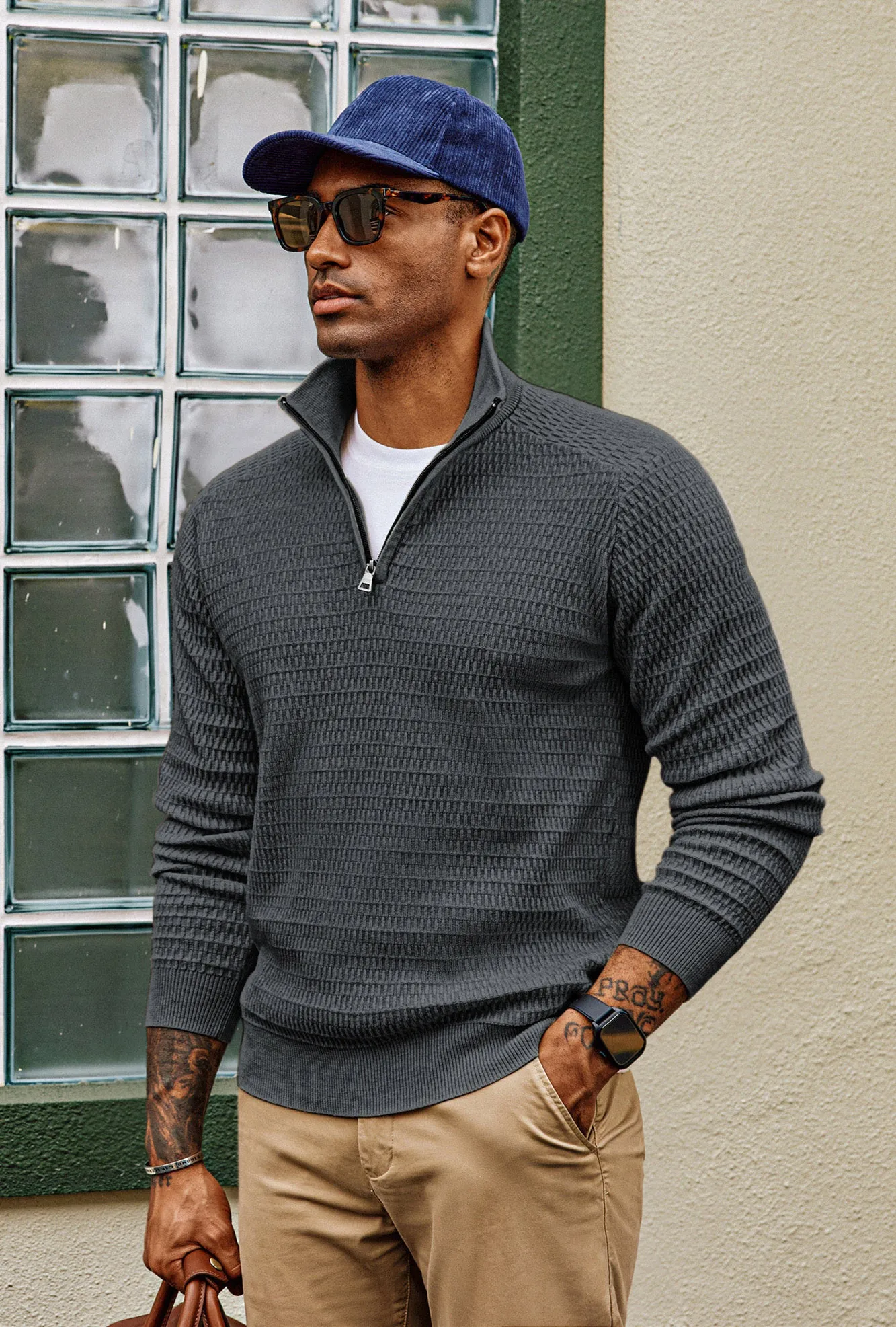 Men Textured Sweater Long Raglan Sleeve Stand Collar Ribbed Cuff Pullover