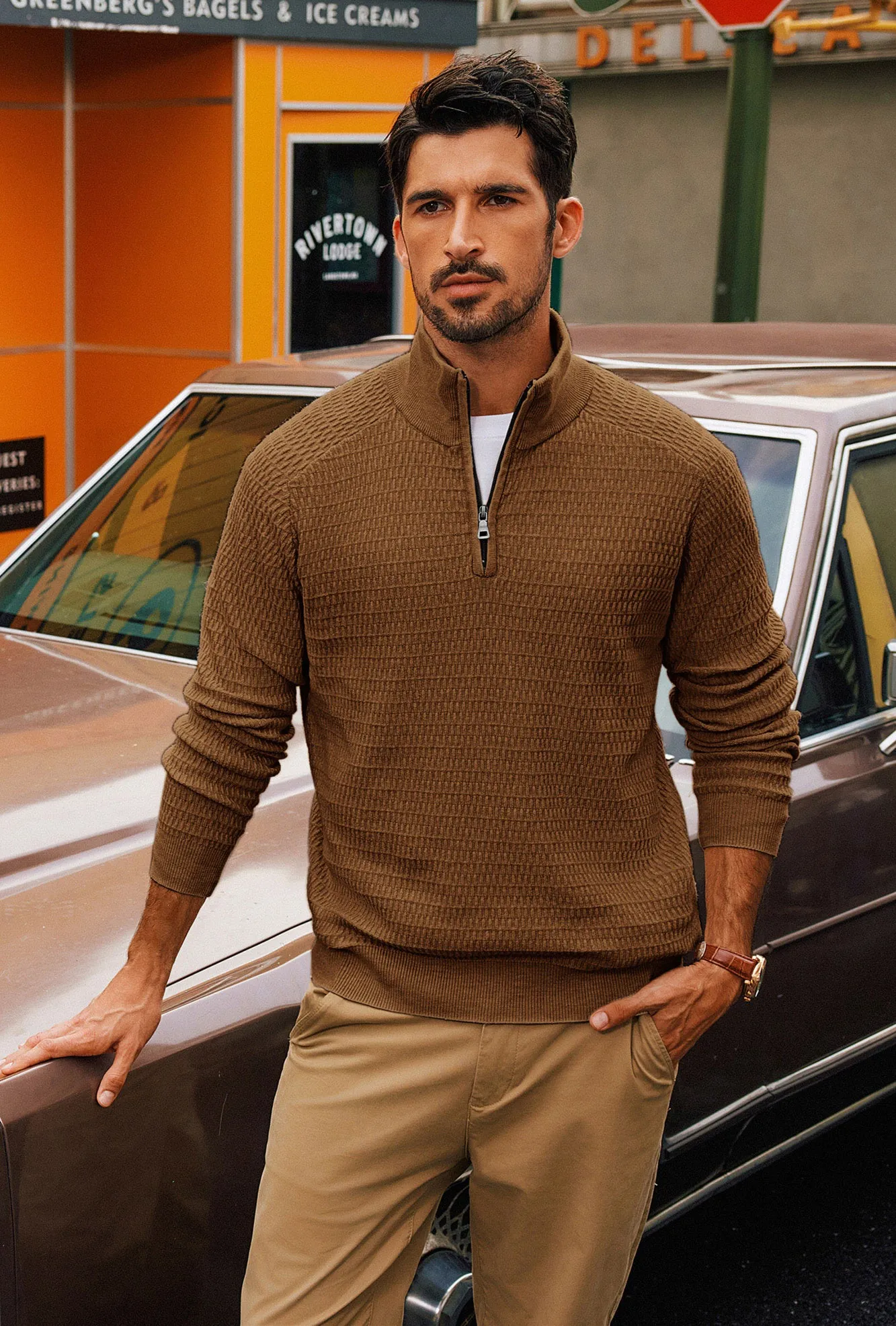 Men Textured Sweater Long Raglan Sleeve Stand Collar Ribbed Cuff Pullover