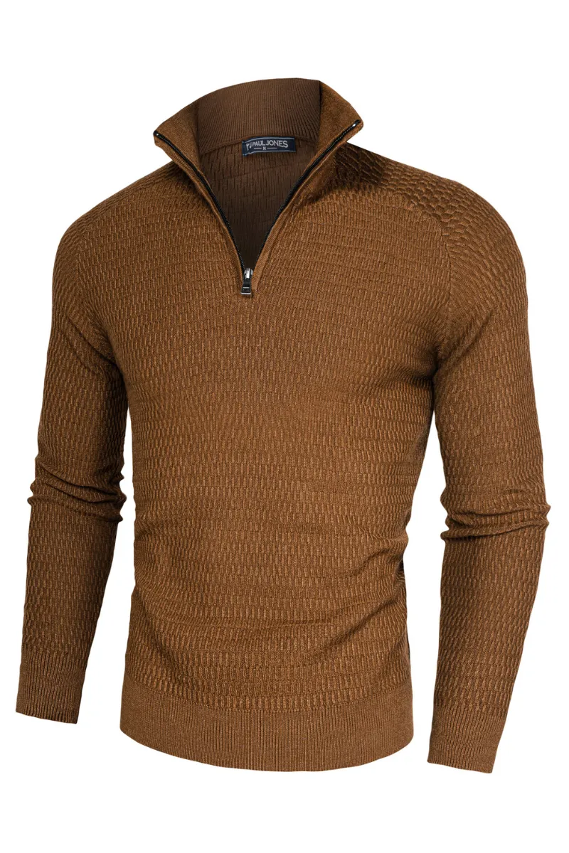 Men Textured Sweater Long Raglan Sleeve Stand Collar Ribbed Cuff Pullover