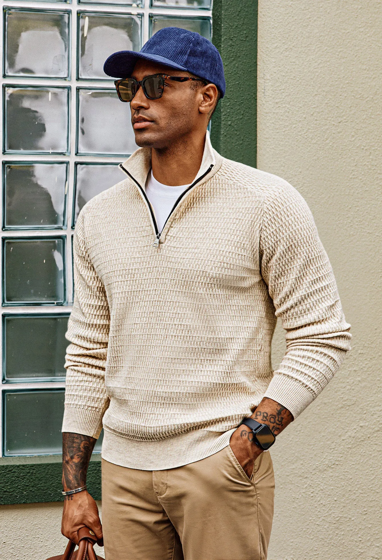 Men Textured Sweater Long Raglan Sleeve Stand Collar Ribbed Cuff Pullover