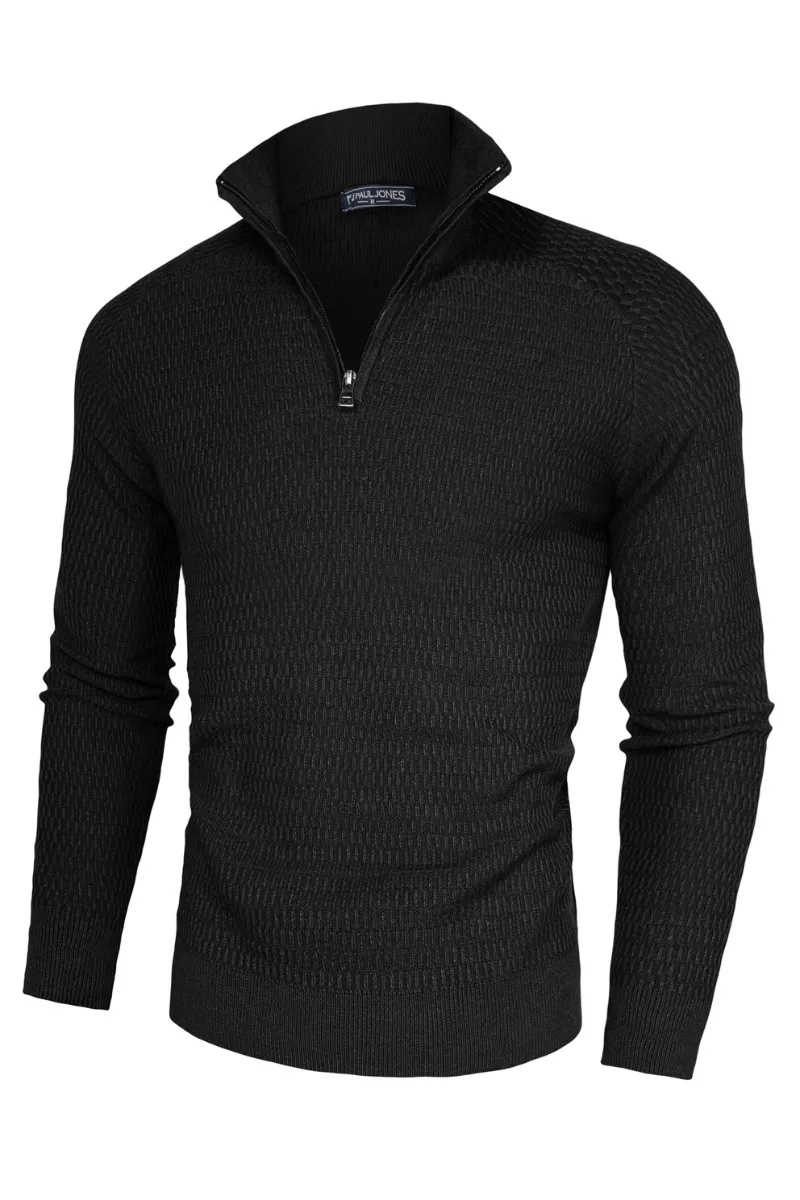 Men Textured Sweater Long Raglan Sleeve Stand Collar Ribbed Cuff Pullover