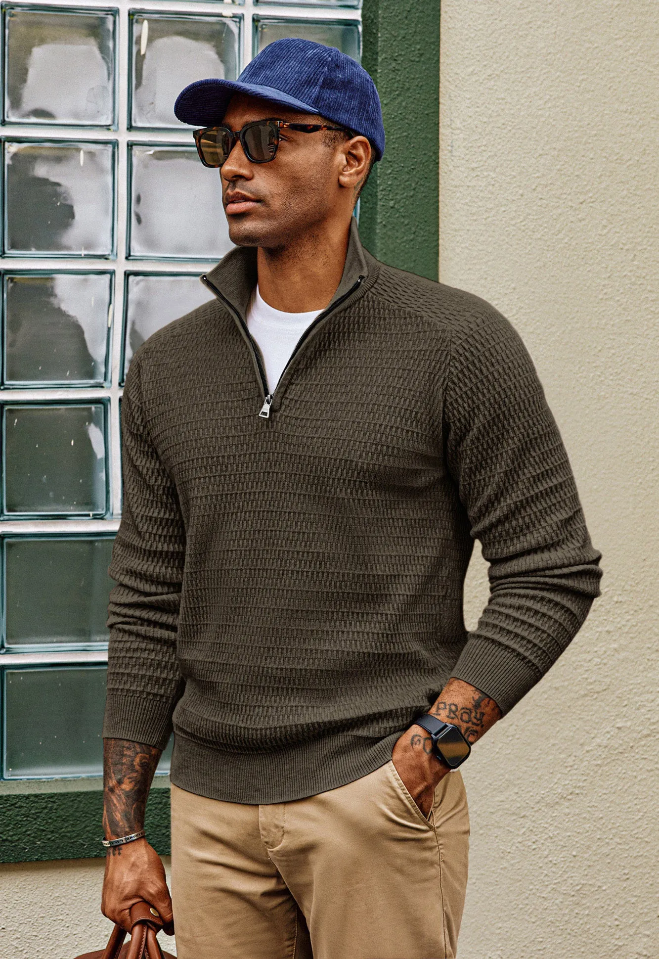 Men Textured Sweater Long Raglan Sleeve Stand Collar Ribbed Cuff Pullover