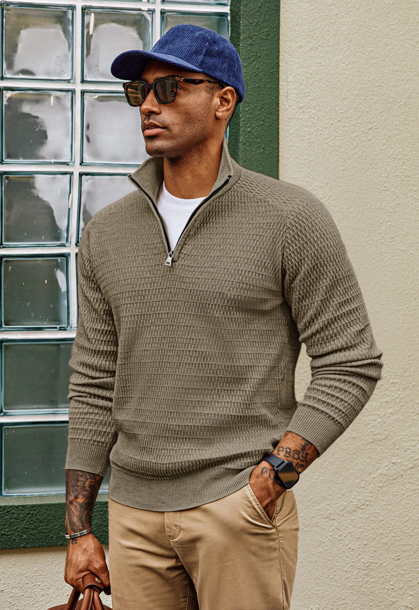 Men Textured Sweater Long Raglan Sleeve Stand Collar Ribbed Cuff Pullover