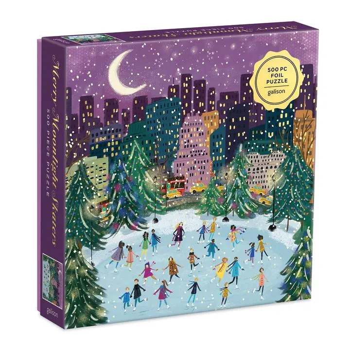 Merry Moonlight Skaters 500 Piece Foil Puzzle - Quick Ship