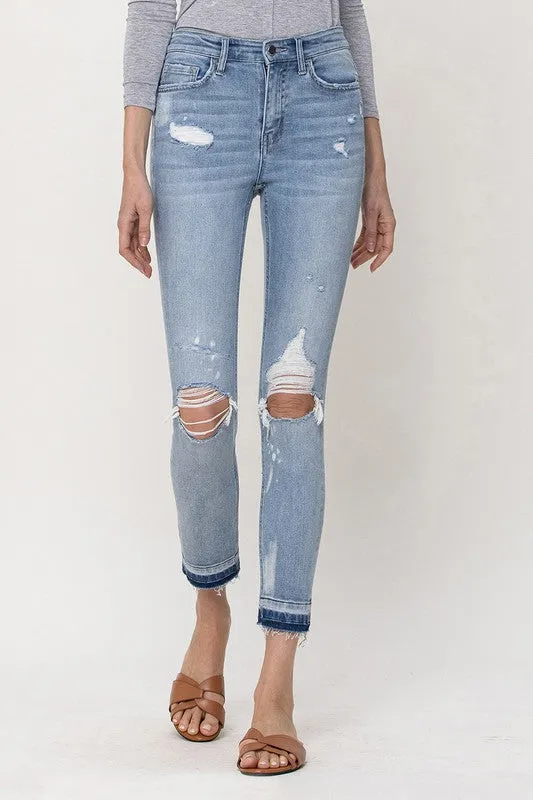 MID RISE CROP DISTRESSED SKINNY JEANS  (LT. WASH)