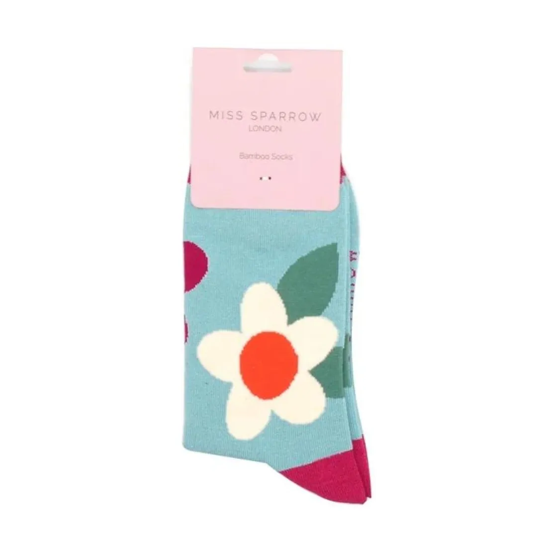 Miss Sparrow Large Flowers Socks Duck Egg