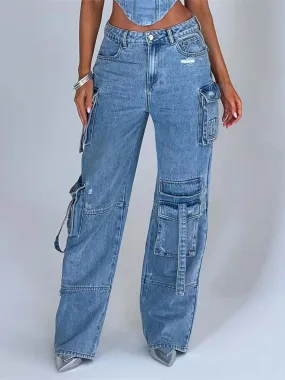 Multi-pocket straight denim jeans