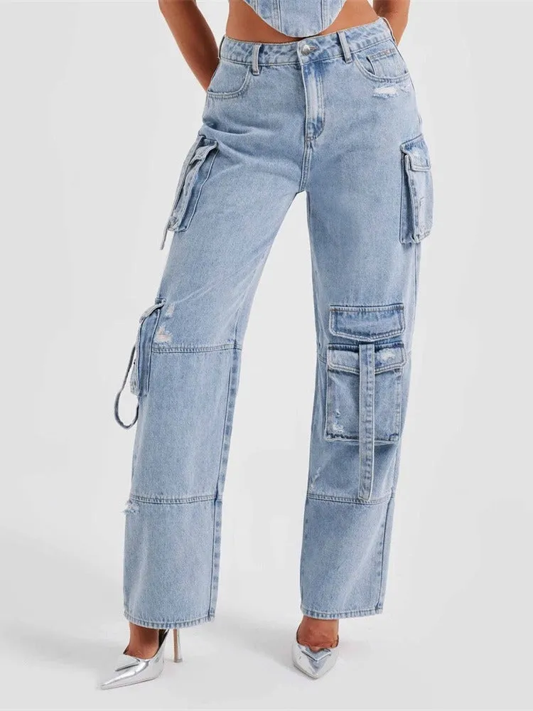 Multi-pocket straight denim jeans