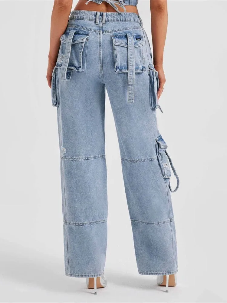 Multi-pocket straight denim jeans