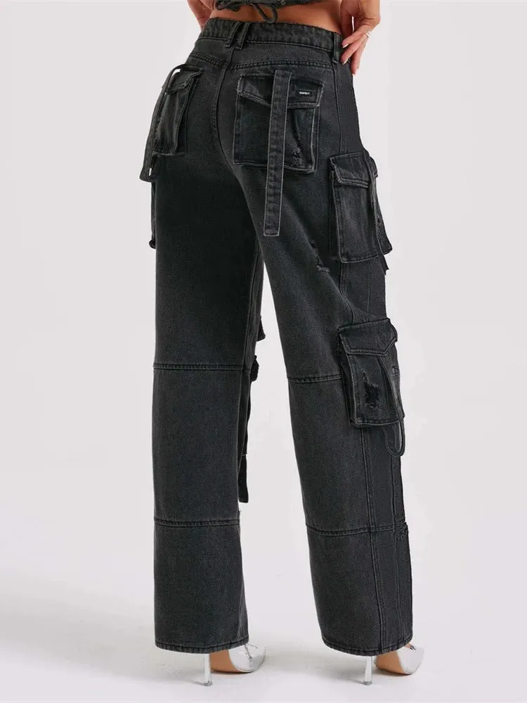 Multi-pocket straight denim jeans