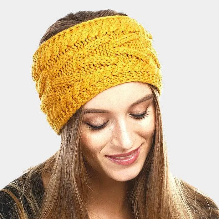 Mustard Yellow Solid Cable Knit Earmuff Headband