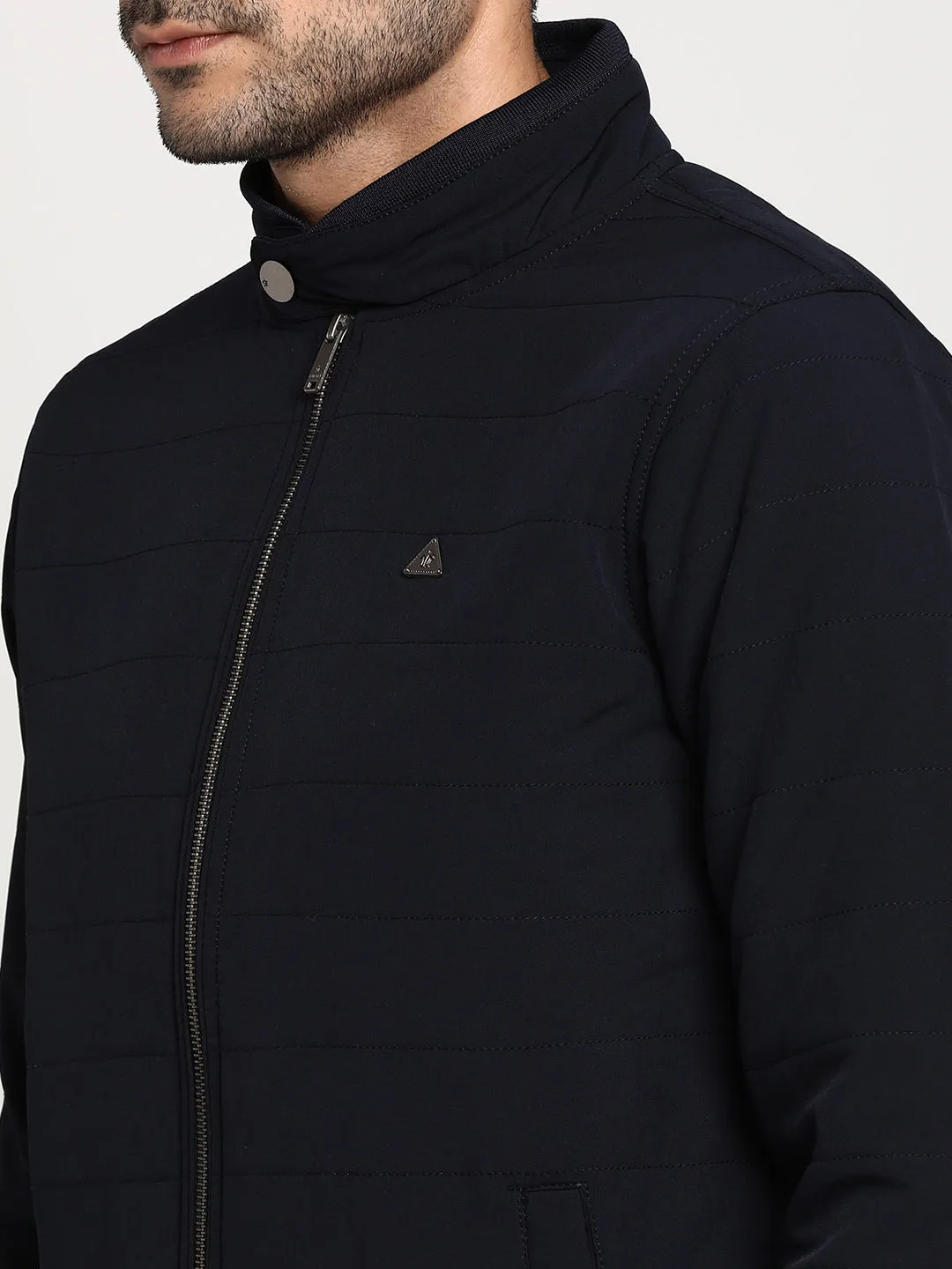 Navy Blue Solid Cotton Stretch Windcheater