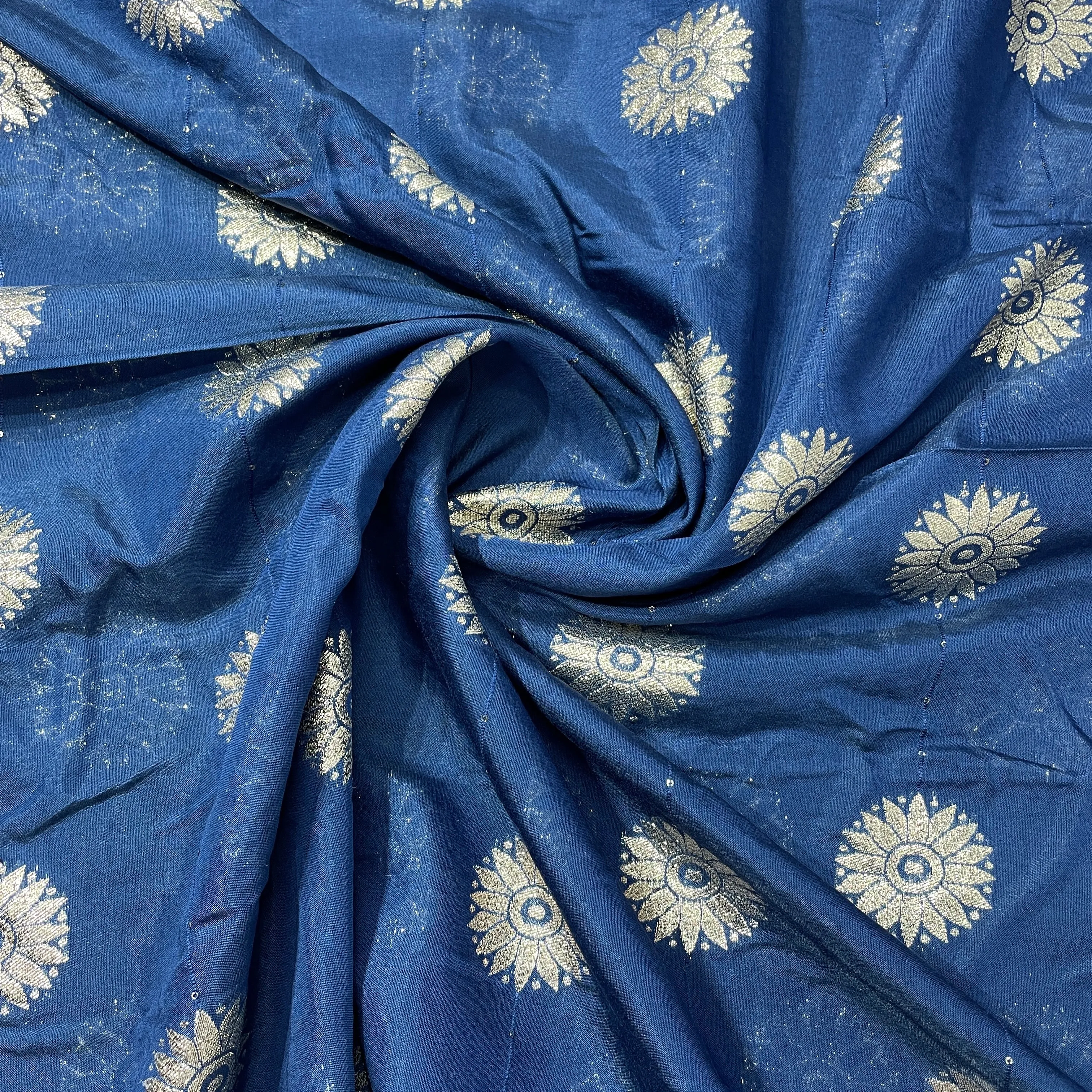 Navy Blue Zari Embroidery Sequins Chanderi Fabric