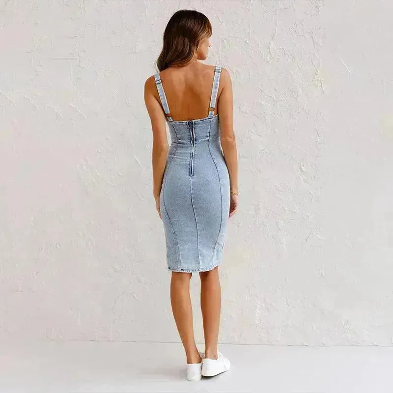 New U-neck Suspender Denim Dress Summer Casual Tight Slim Fit Dresses With Slit Design Womens Clothing