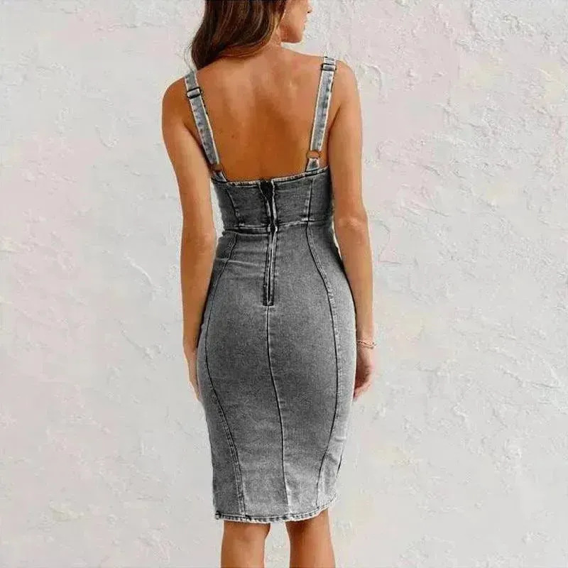 New U-neck Suspender Denim Dress Summer Casual Tight Slim Fit Dresses With Slit Design Womens Clothing