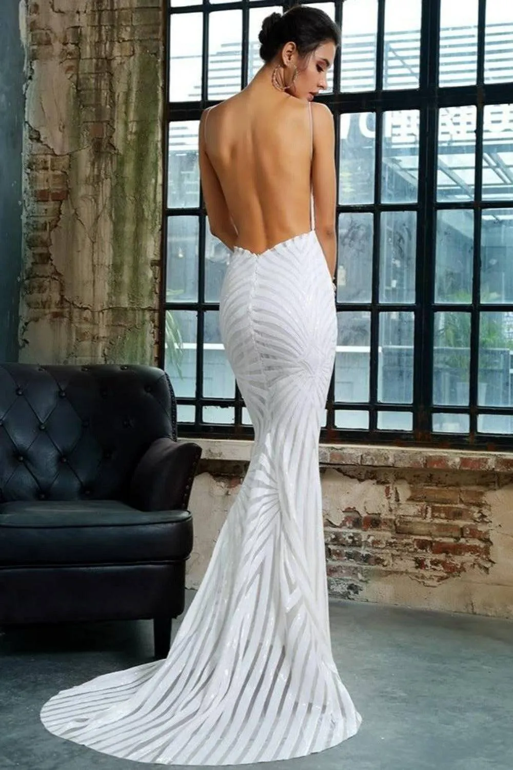 Open Back Sequins White Maxi Dress 