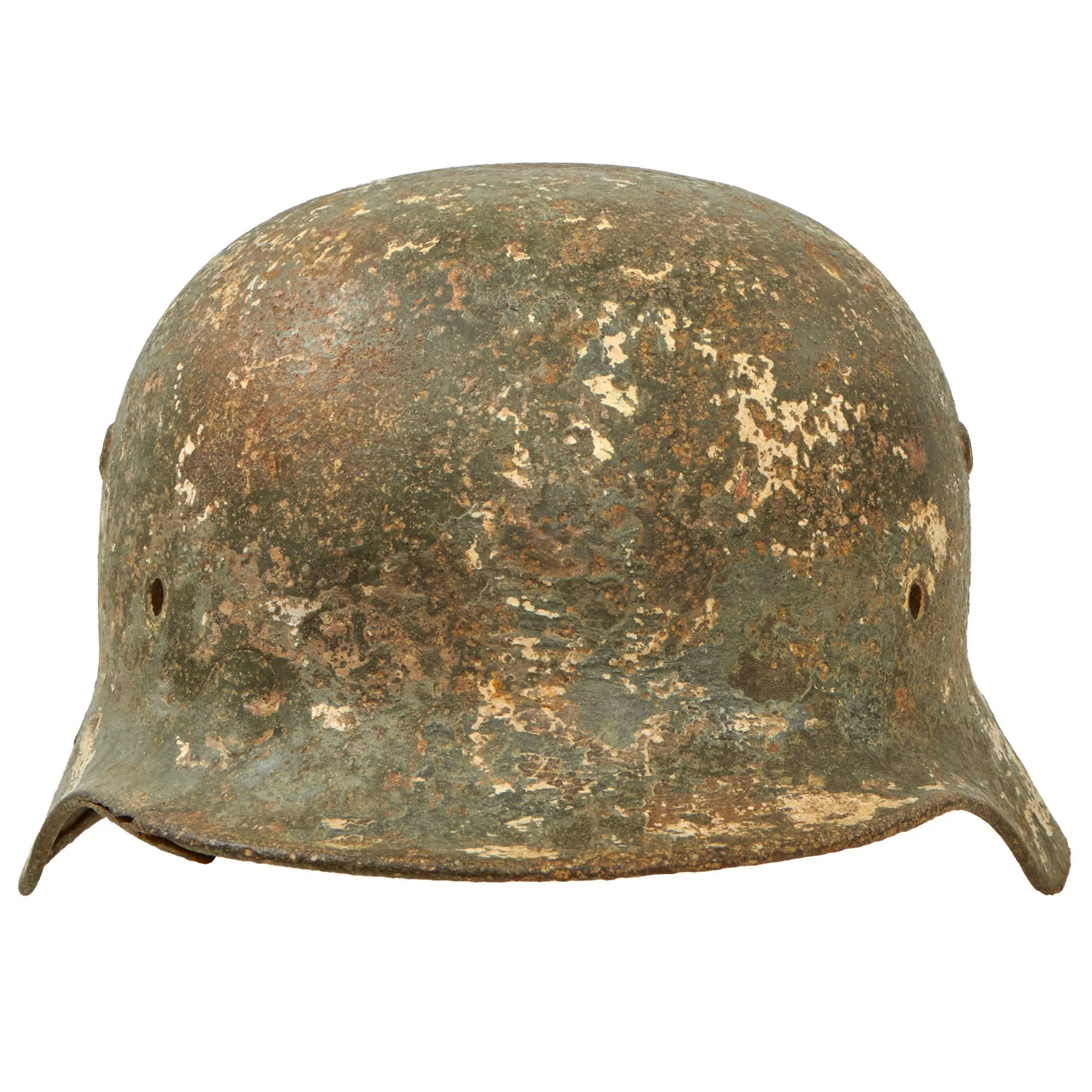 Original German WWII Battlefield Dug Heer Double Decal Winter Camo M35 Relic Helmet Shell - Size 66