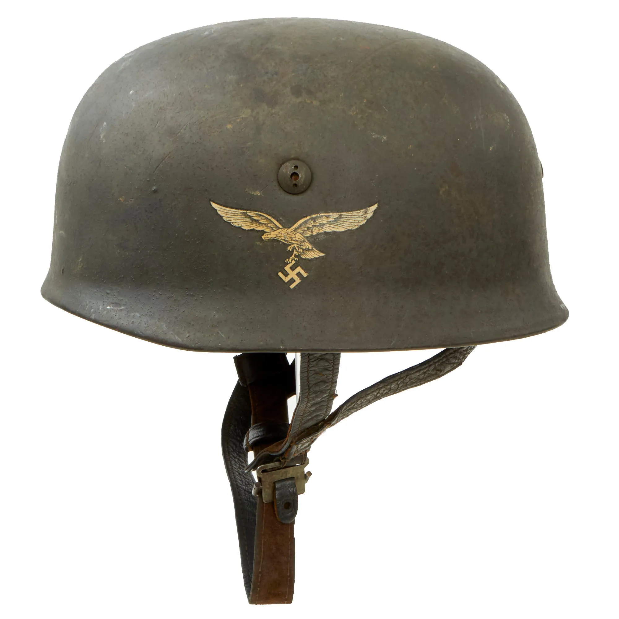 Original German WWII Single Decal M-38 Luftwaffe Fallschirmjäger Paratrooper Helmet with Complete 57cm Liner and Chinstraps - ET68