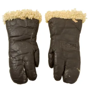 Original WWII U.S. Navy A-9A Shearling Leather Flying Mitten Gloves - Medium Size