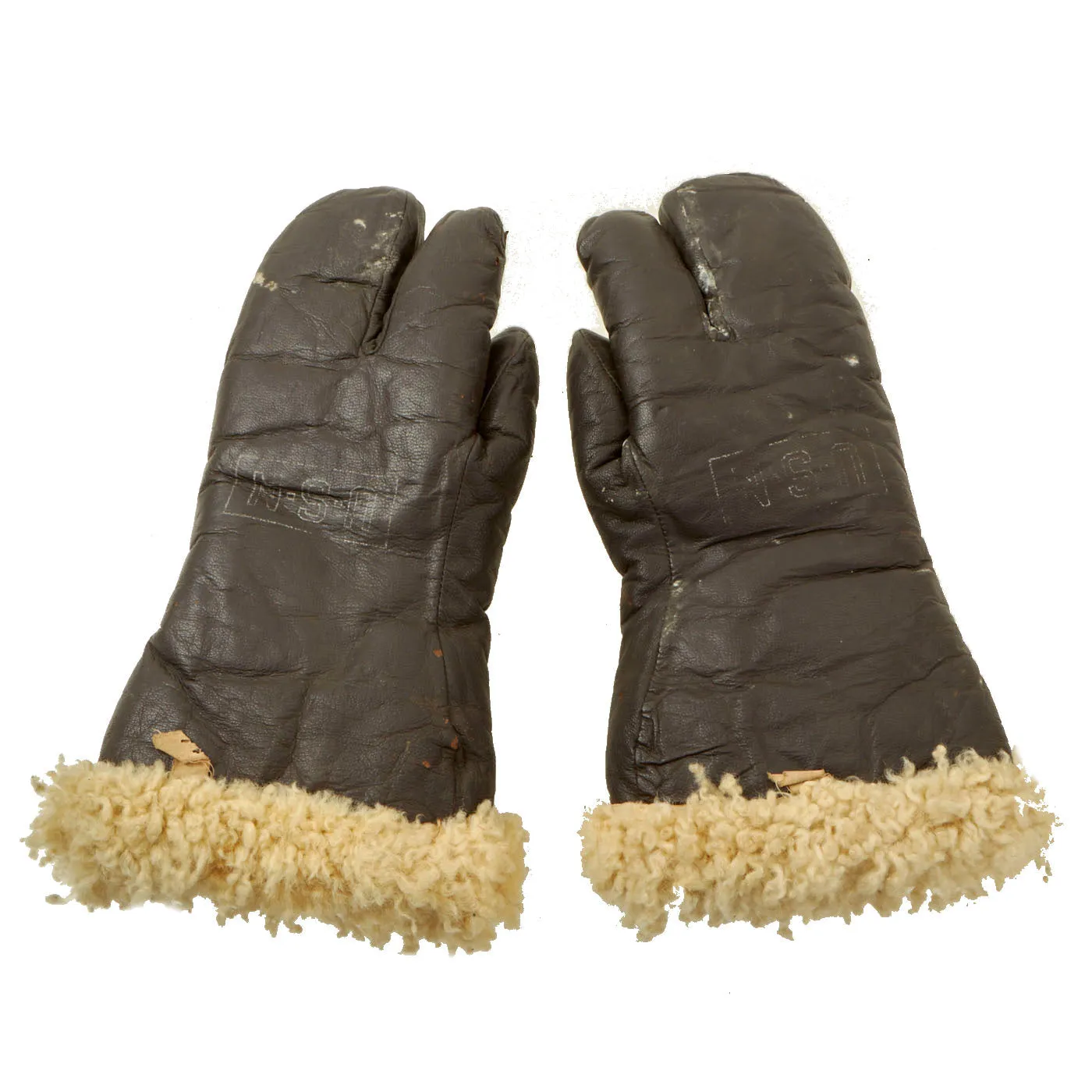 Original WWII U.S. Navy A-9A Shearling Leather Flying Mitten Gloves - Medium Size