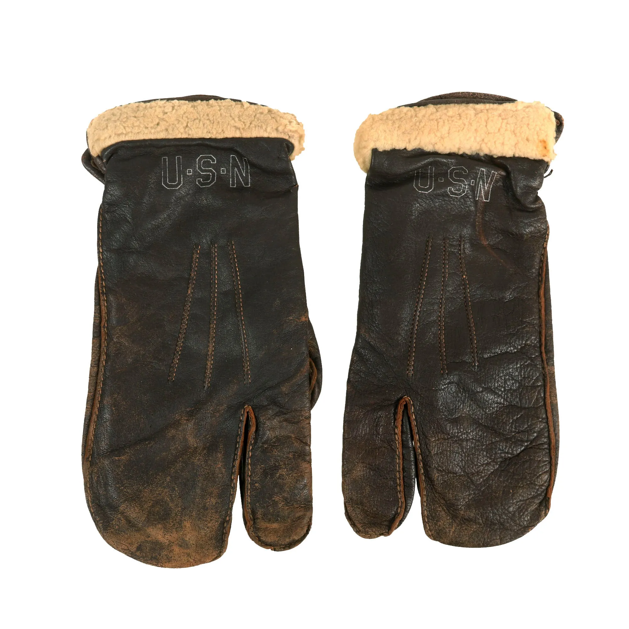 Original WWII U.S. Navy A-9A Shearling Leather Flying Mitten Gloves - Size 11