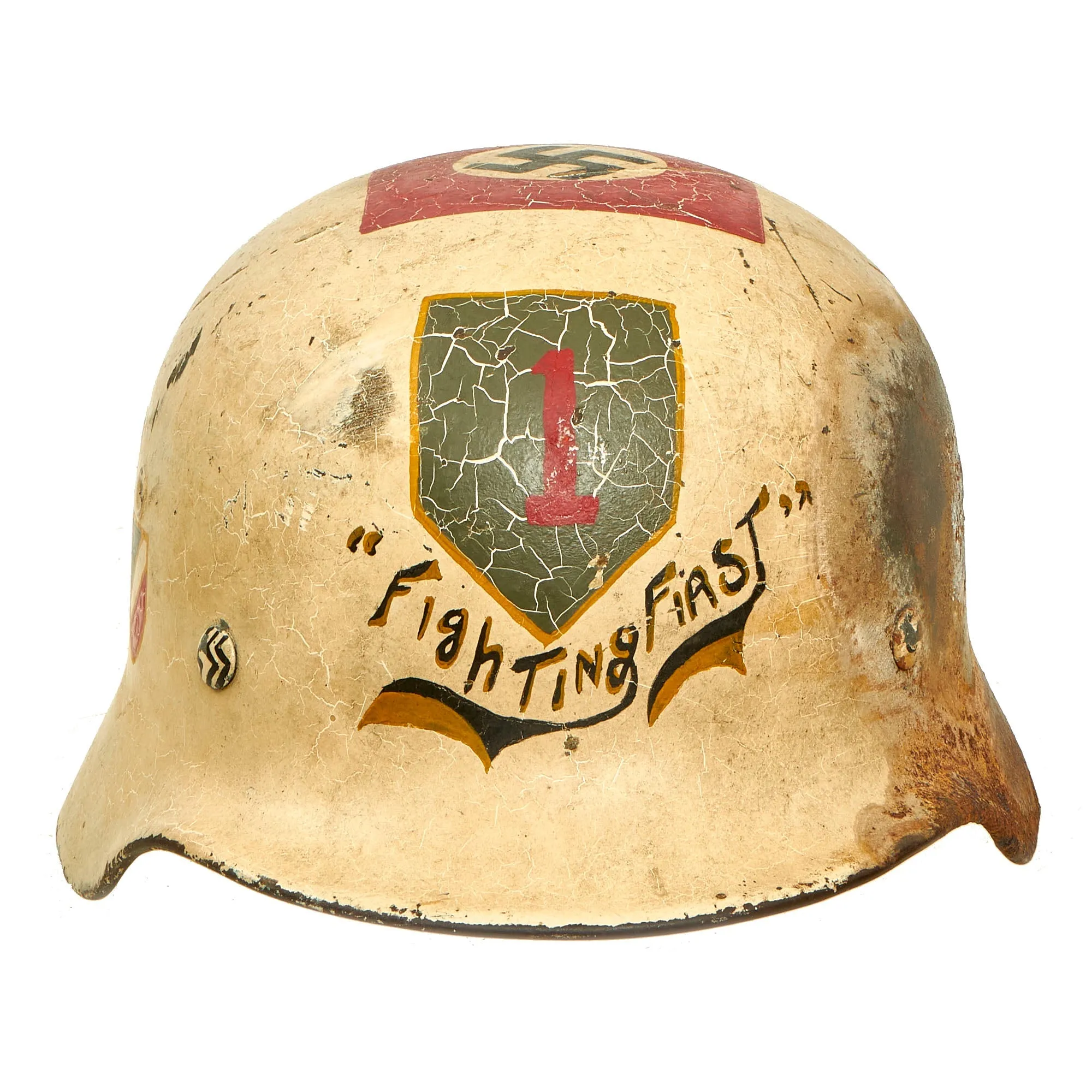 Original WWII USGI Captured 1st Infantry Division "Fighting First" Souvenir Painted German M40 Steel Helmet with Provenance - EF64