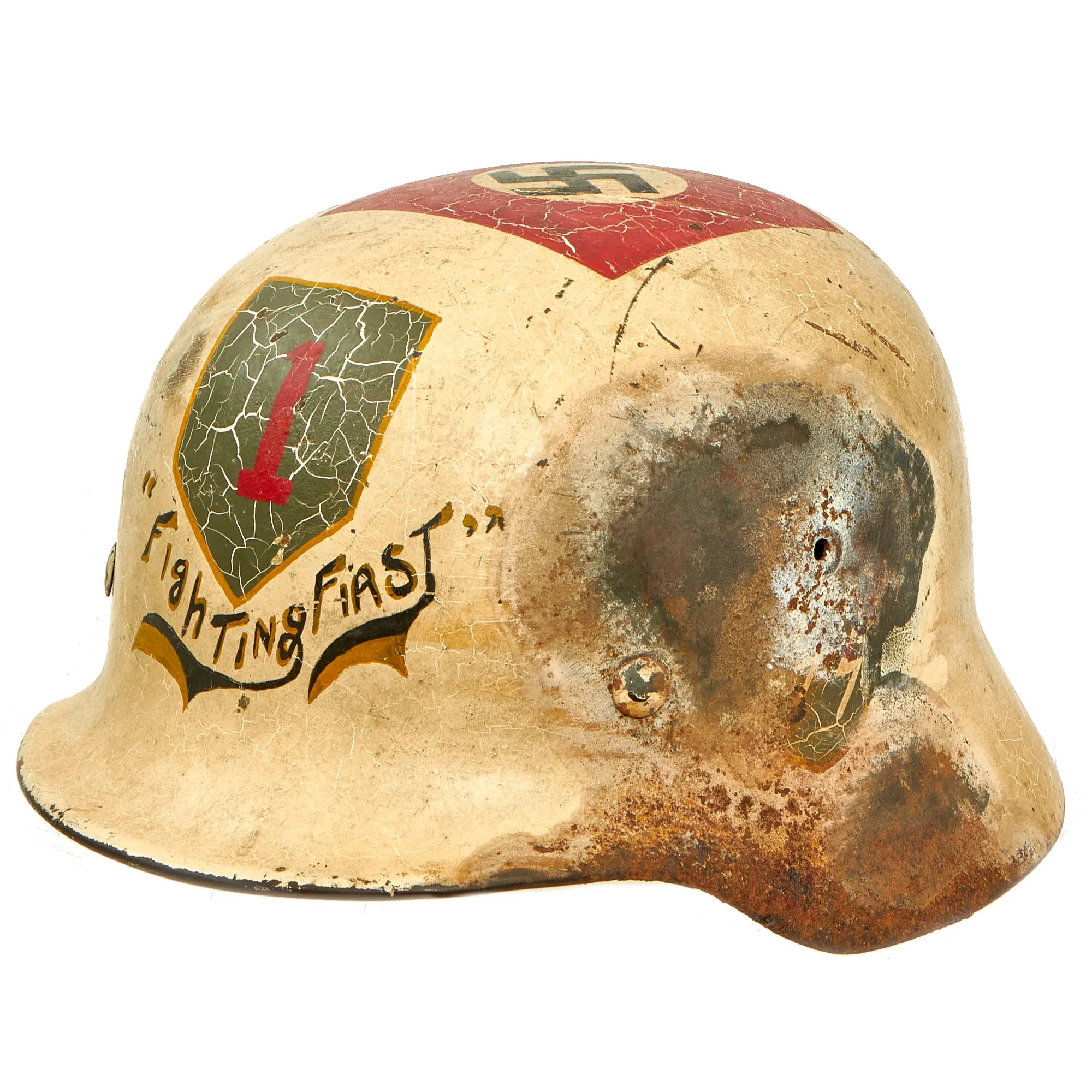 Original WWII USGI Captured 1st Infantry Division "Fighting First" Souvenir Painted German M40 Steel Helmet with Provenance - EF64