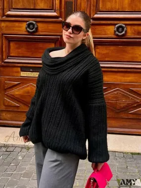 Oversized Sexy Slash Neck Knit Long Sleeve Irregular Casual Sweater