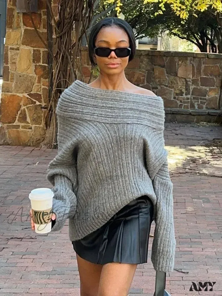 Oversized Sexy Slash Neck Knit Long Sleeve Irregular Casual Sweater