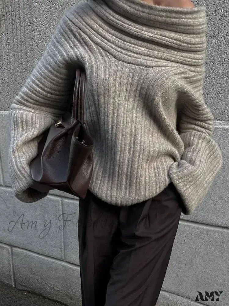 Oversized Sexy Slash Neck Knit Long Sleeve Irregular Casual Sweater