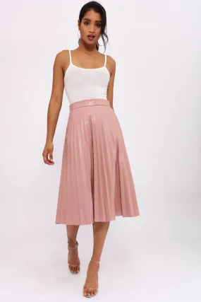 Pink Pu Pleated Midi Skirt