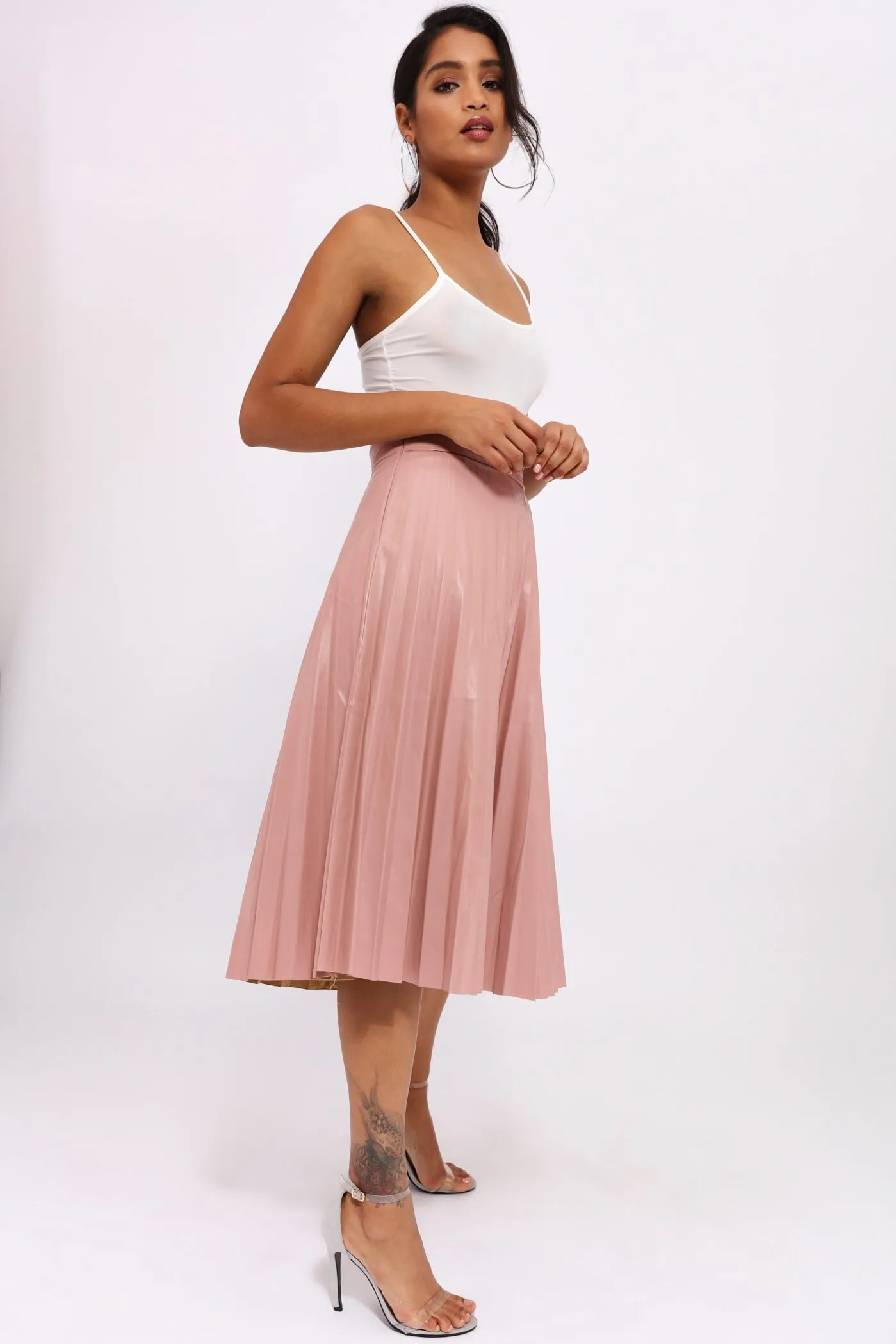 Pink Pu Pleated Midi Skirt