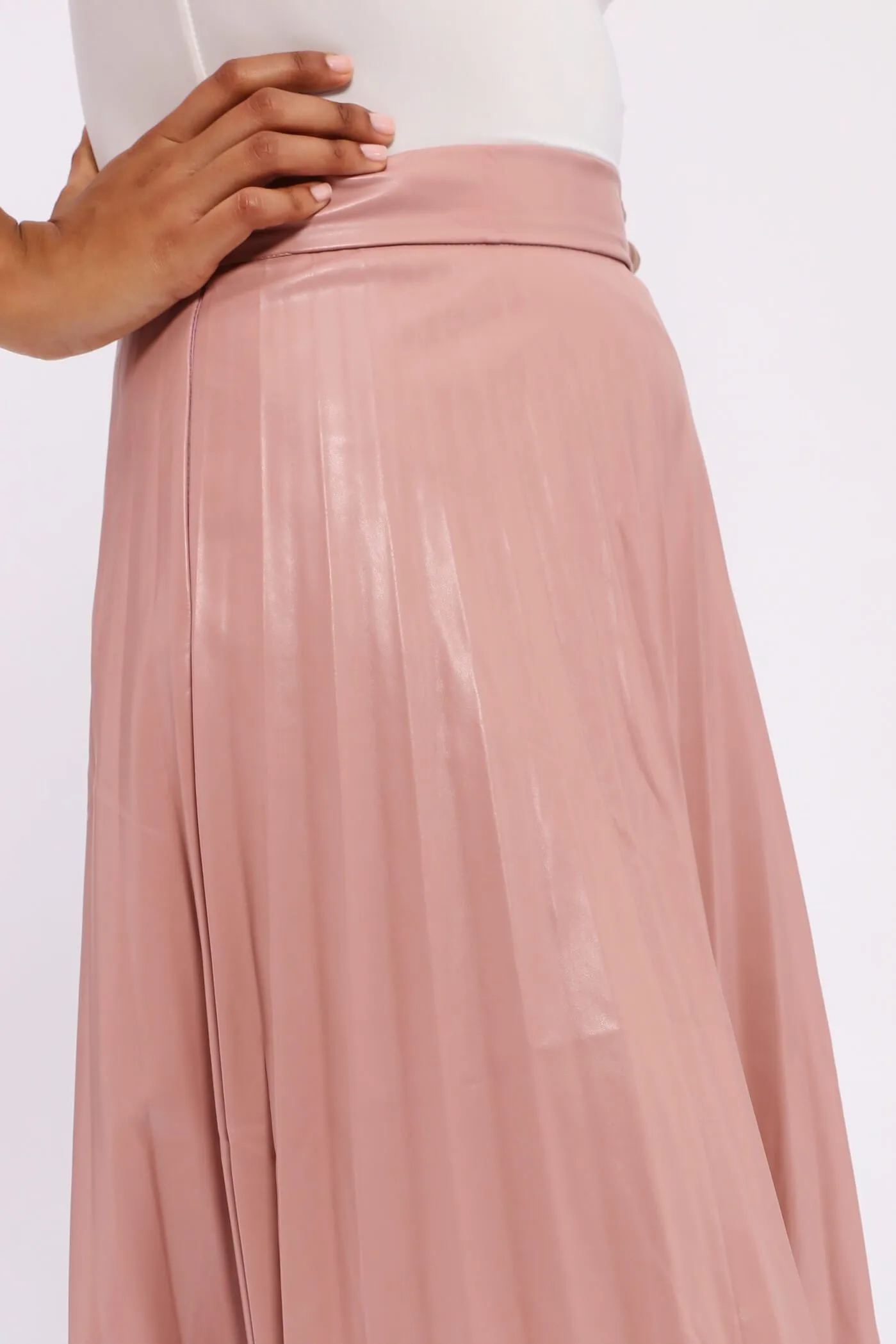 Pink Pu Pleated Midi Skirt