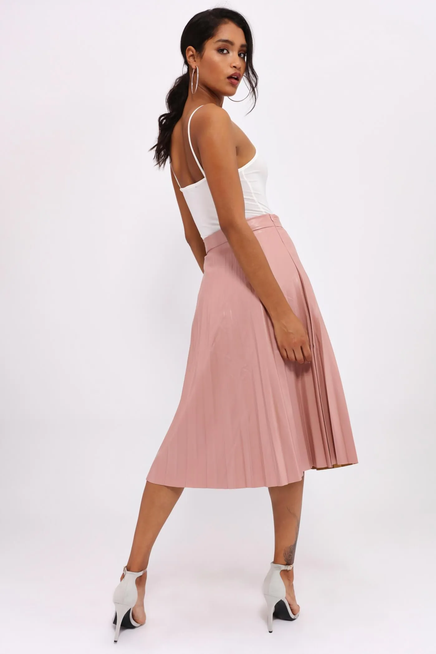 Pink Pu Pleated Midi Skirt