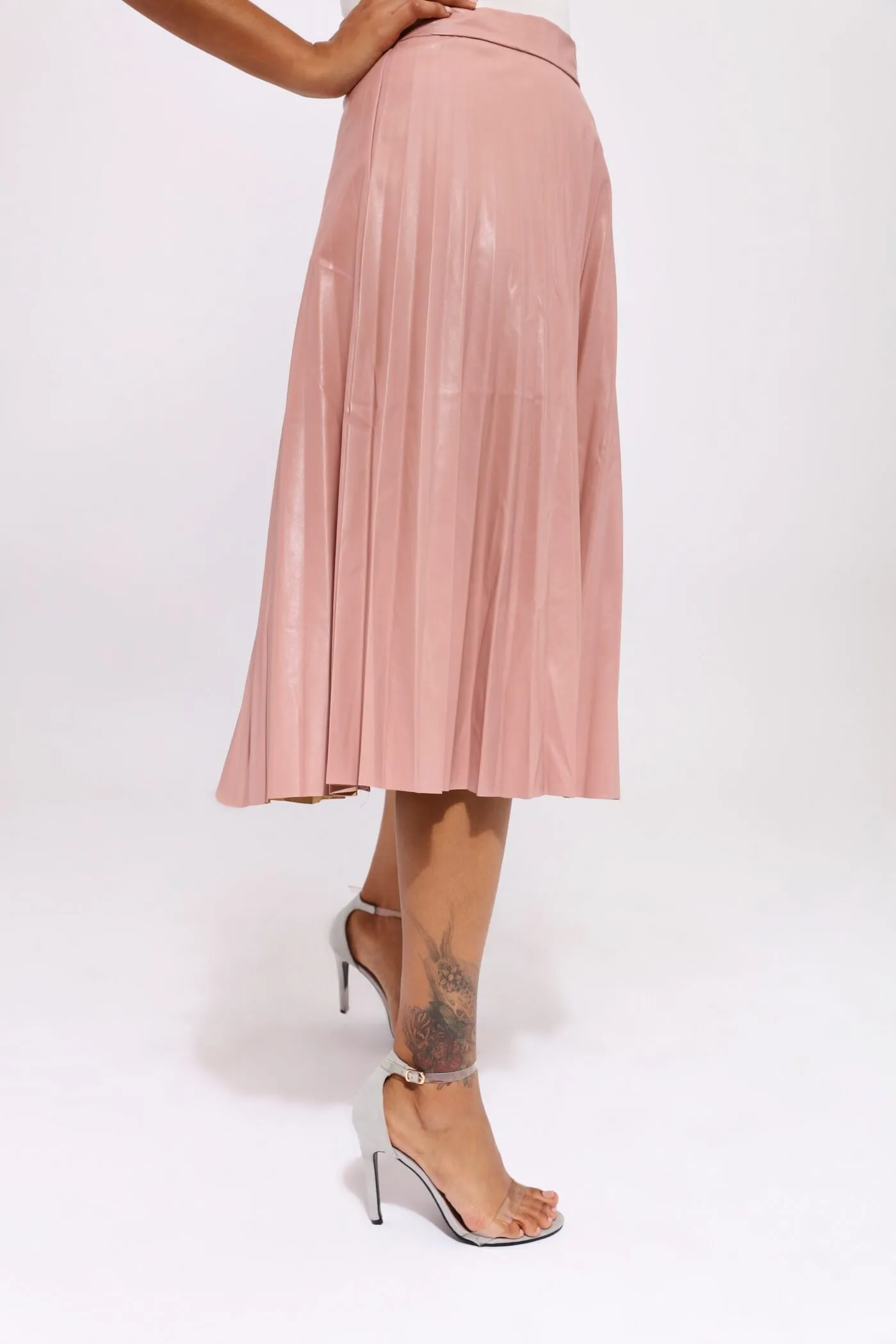 Pink Pu Pleated Midi Skirt