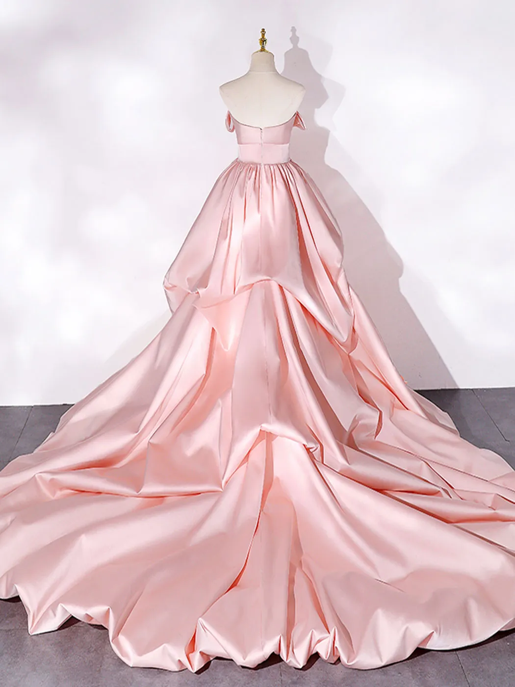 Pink Sweep Train Satin Long Prom Dress, Pink Formal Evening Dresses