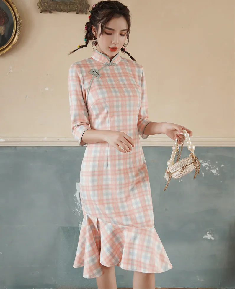 Plaids & Checks Pattern Modern Cheongsam Chinese Dress with Pleated Skirt