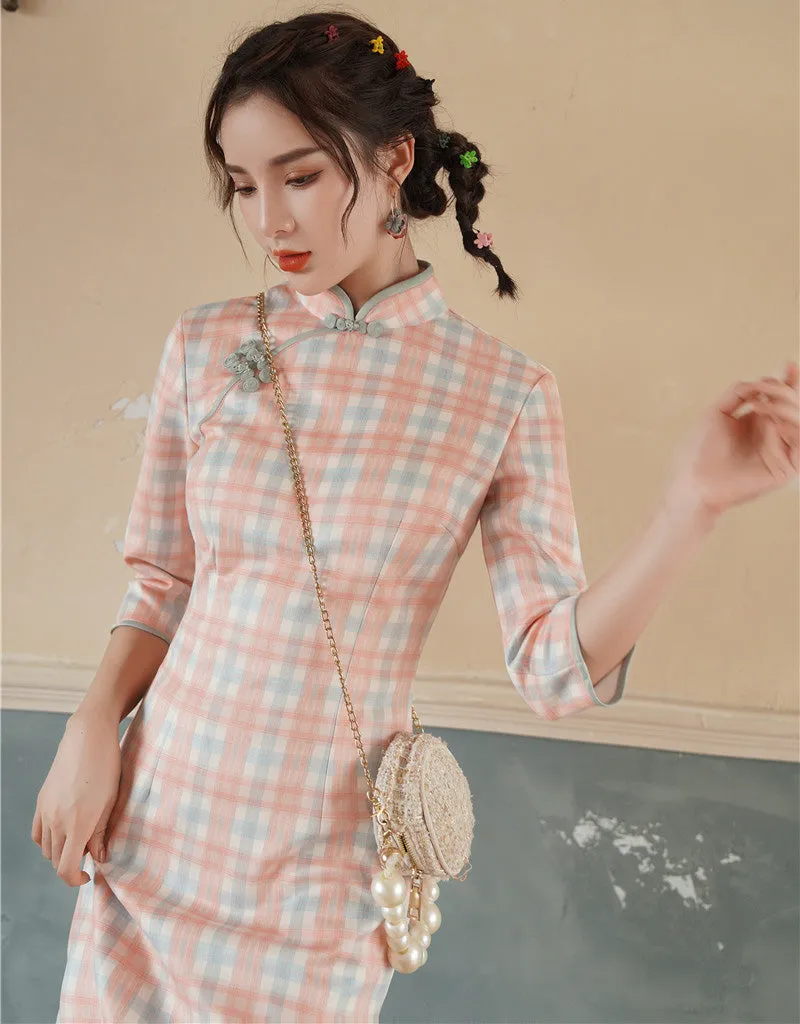 Plaids & Checks Pattern Modern Cheongsam Chinese Dress with Pleated Skirt