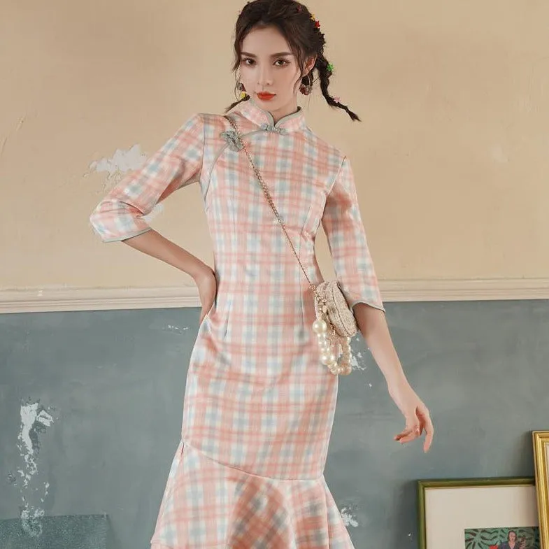 Plaids & Checks Pattern Modern Cheongsam Chinese Dress with Pleated Skirt