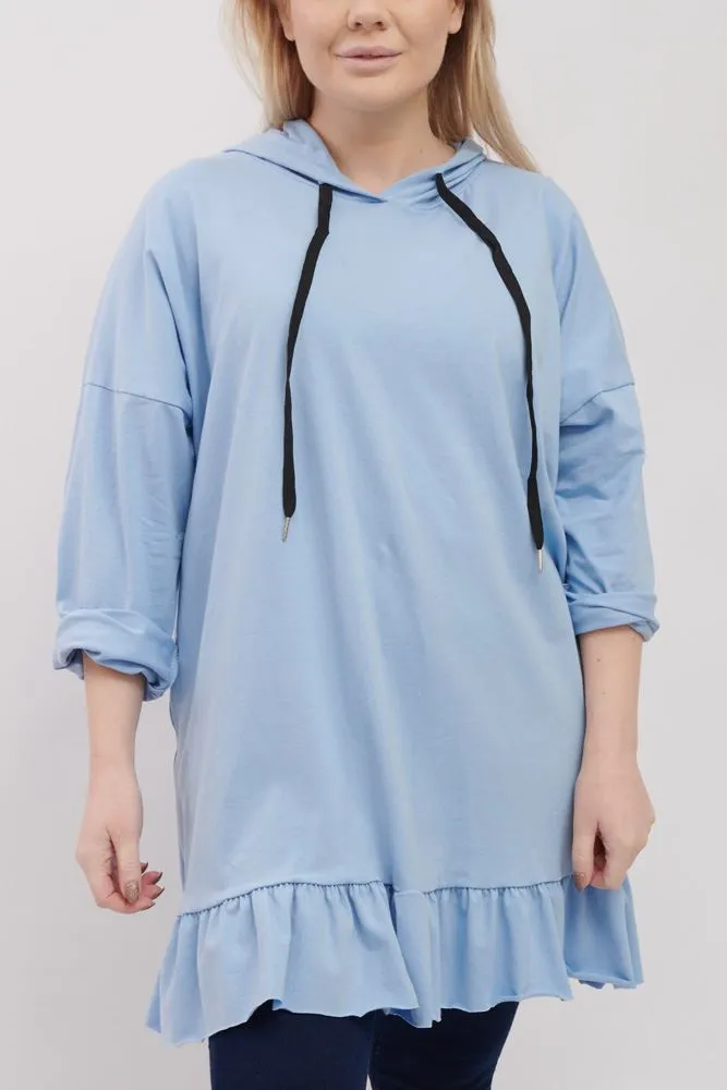 Plain Frill Hem Cotton Hoody