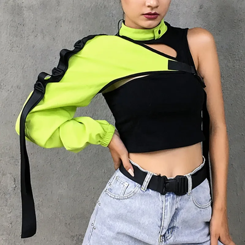 Punk Gothic Reflective Crop Top T Shirt With Buckle Sexy Choker Collar One Shoulder Summer Tops For Women Streetwear