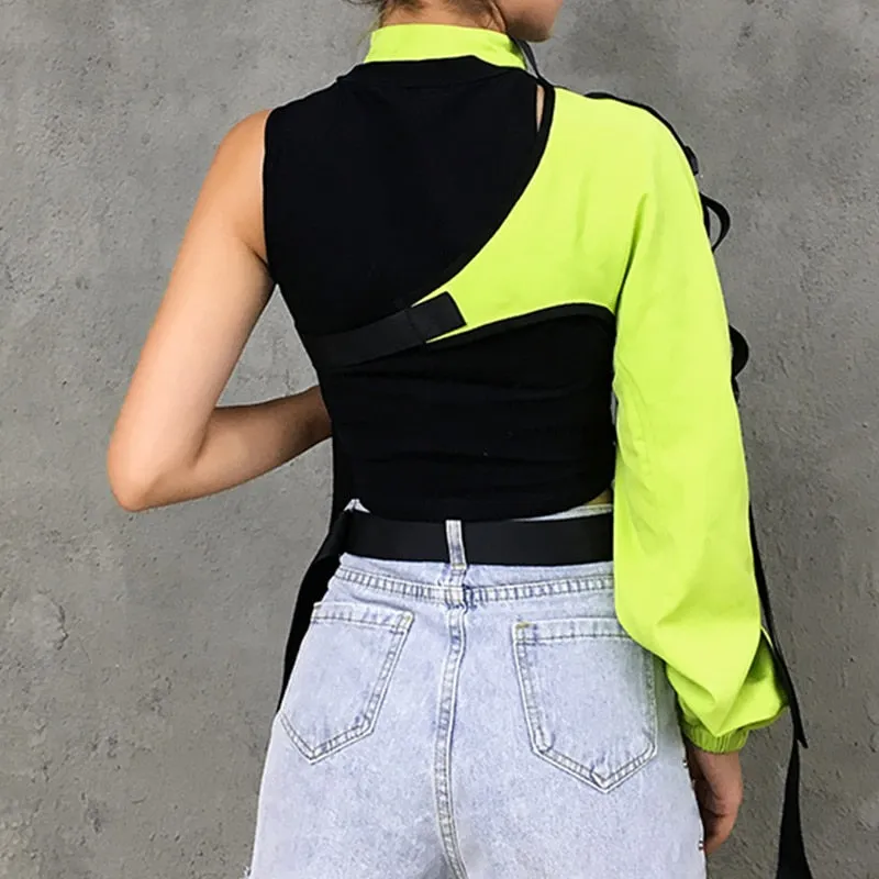 Punk Gothic Reflective Crop Top T Shirt With Buckle Sexy Choker Collar One Shoulder Summer Tops For Women Streetwear