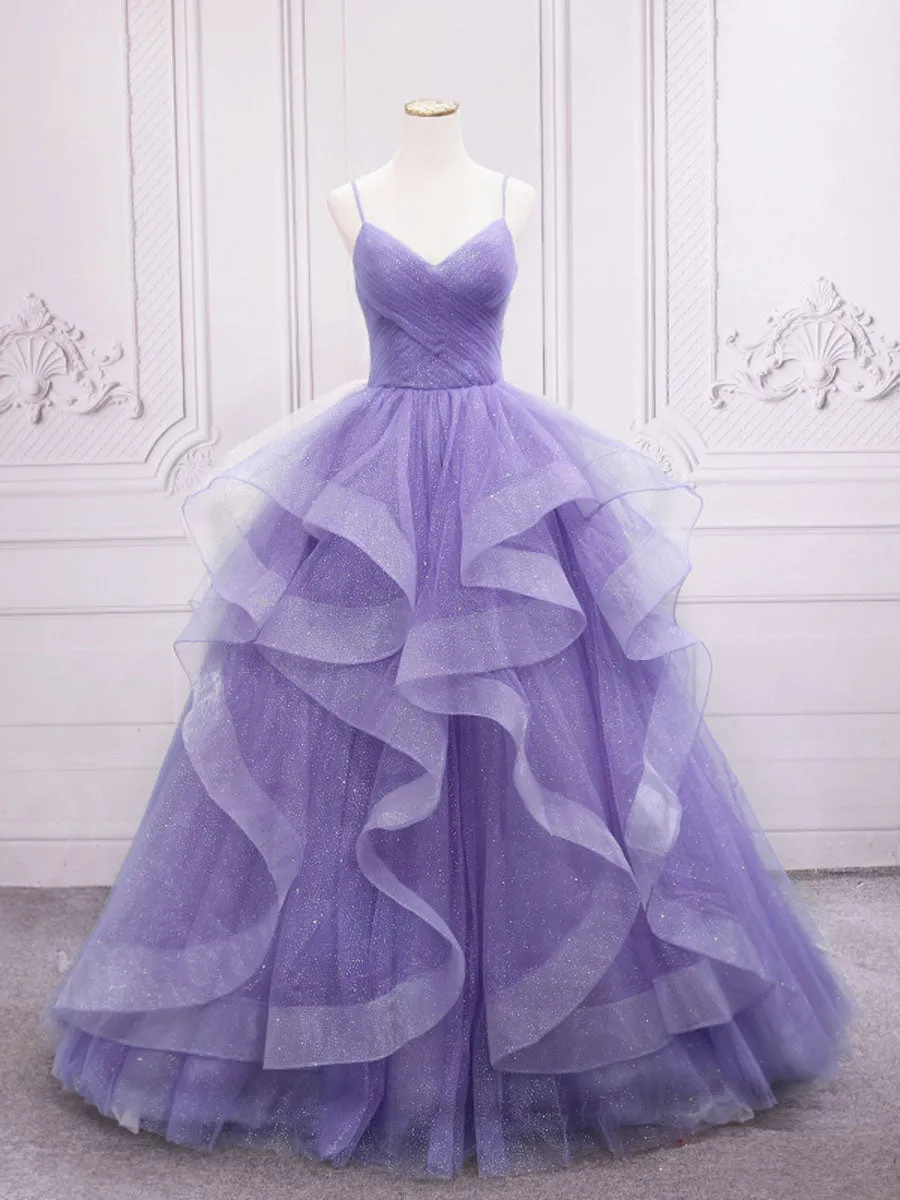 Purple v neck Tulle Long Prom Dress, Purple Sweet 16 Dress