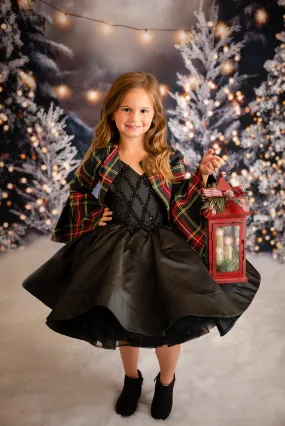 "Darling Plaid" Black Vintage Jacket    Black Beaded Solid  Petal Length Dress ( 5 Year - Petite 6 Year)