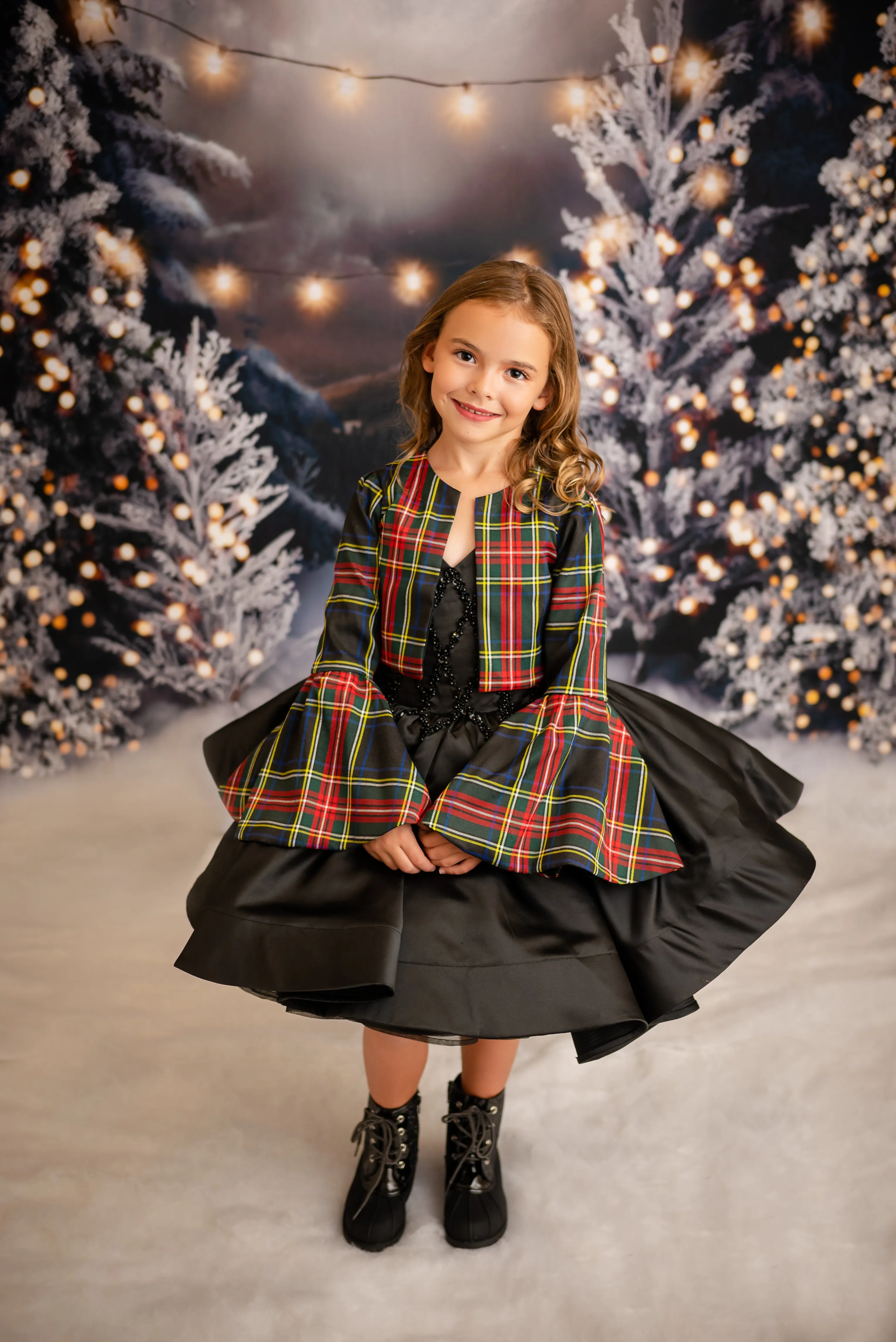 "Darling Plaid" Black Vintage Jacket    Black Beaded Solid  Petal Length Dress ( 5 Year - Petite 6 Year)