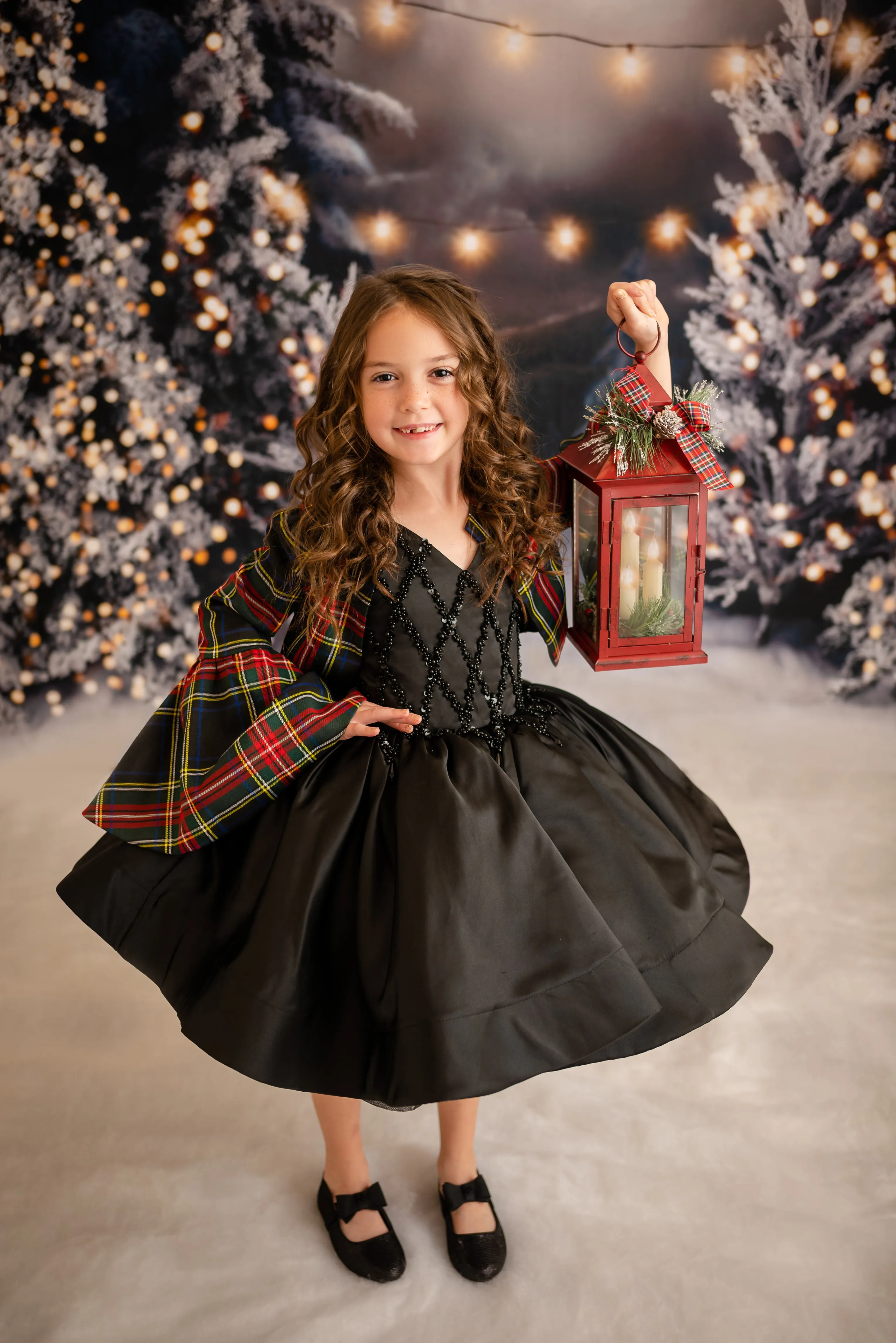 "Darling Plaid" Black Vintage Jacket    Black Beaded Solid  Petal Length Dress ( 5 Year - Petite 6 Year)