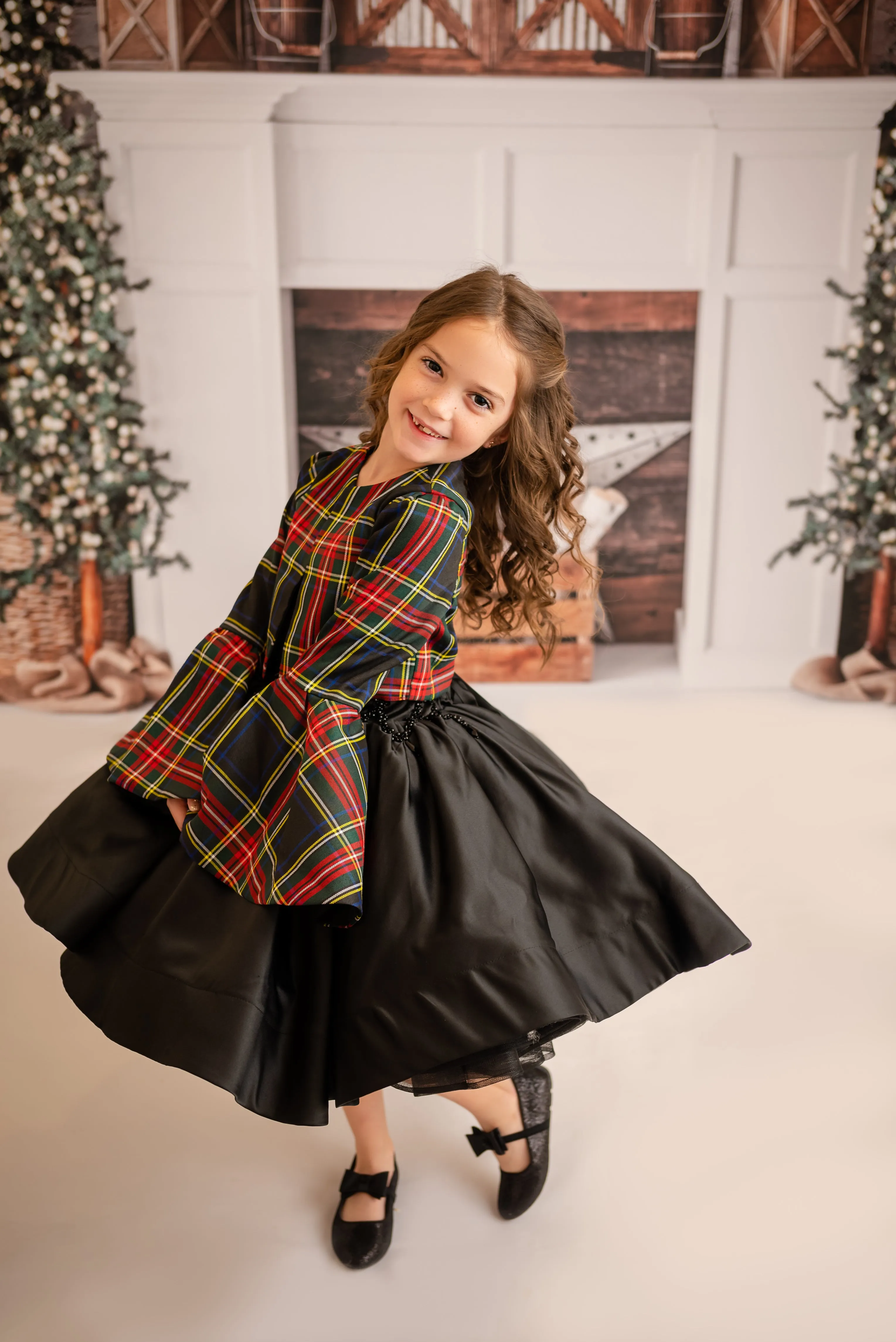 "Darling Plaid" Black Vintage Jacket    Black Beaded Solid  Petal Length Dress ( 5 Year - Petite 6 Year)