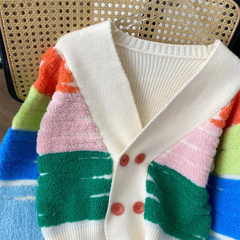 Rainbow Stripe Button-Up Cardigan